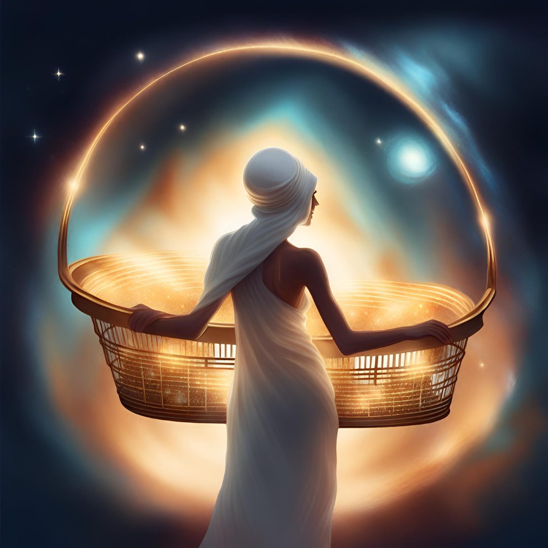 Frau mit weißem Turban, goldenem Einkaufskorb und Universum mit Sternen