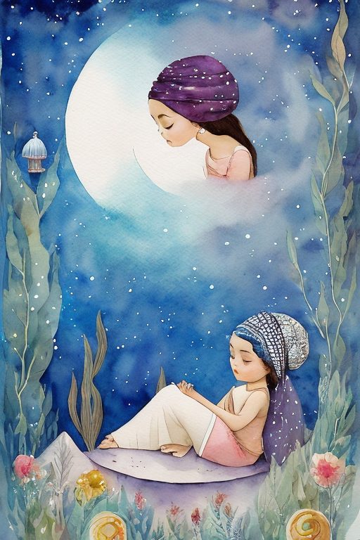 Frau mit Turban sitzt auf Wiese. Rosen blühen. Mond am Himmel mit Frau mit Turban in der Mitte.