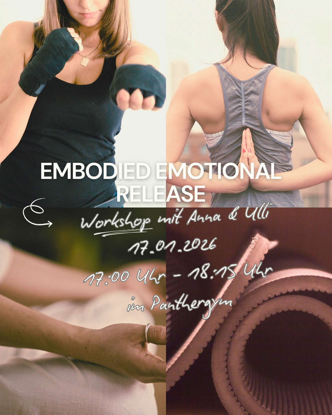 Boxende Frau, Yogamatte, Frau im Anjali Mudra und Gian Mudra auf einem Bild